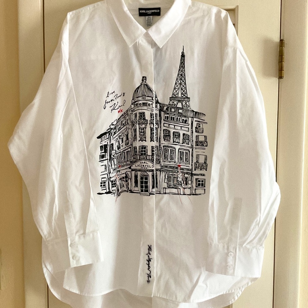 NWT Karl Lagerfeld White Oversize Long Sleeve High-Low Button down Woman Shirt